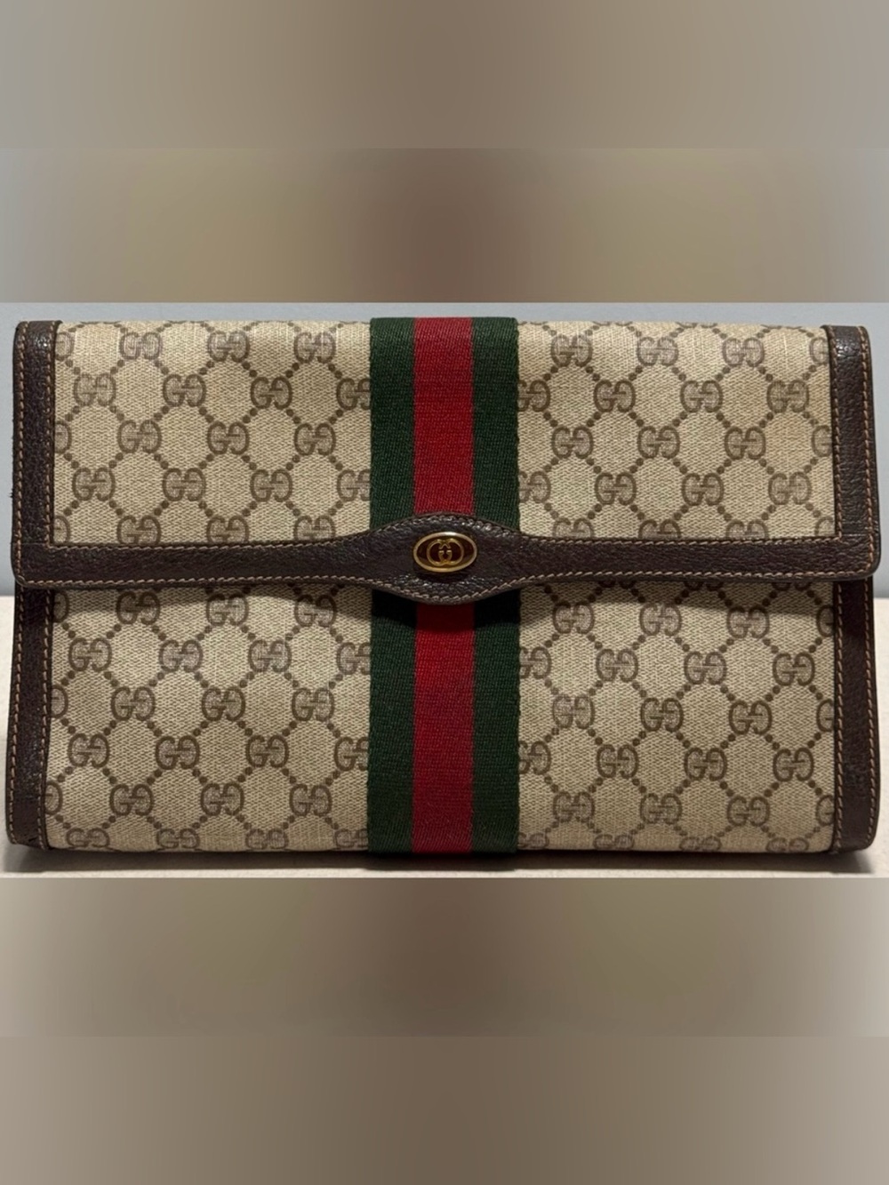 GUCCI GG Canvas Clutch with Green and Red Web Stripe